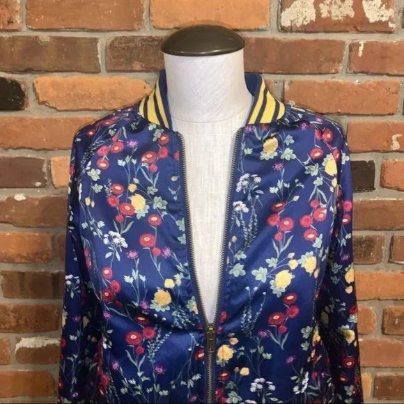 Blue Floral Satin Bomber Full Zip Size Medium - Picture 2 of 5